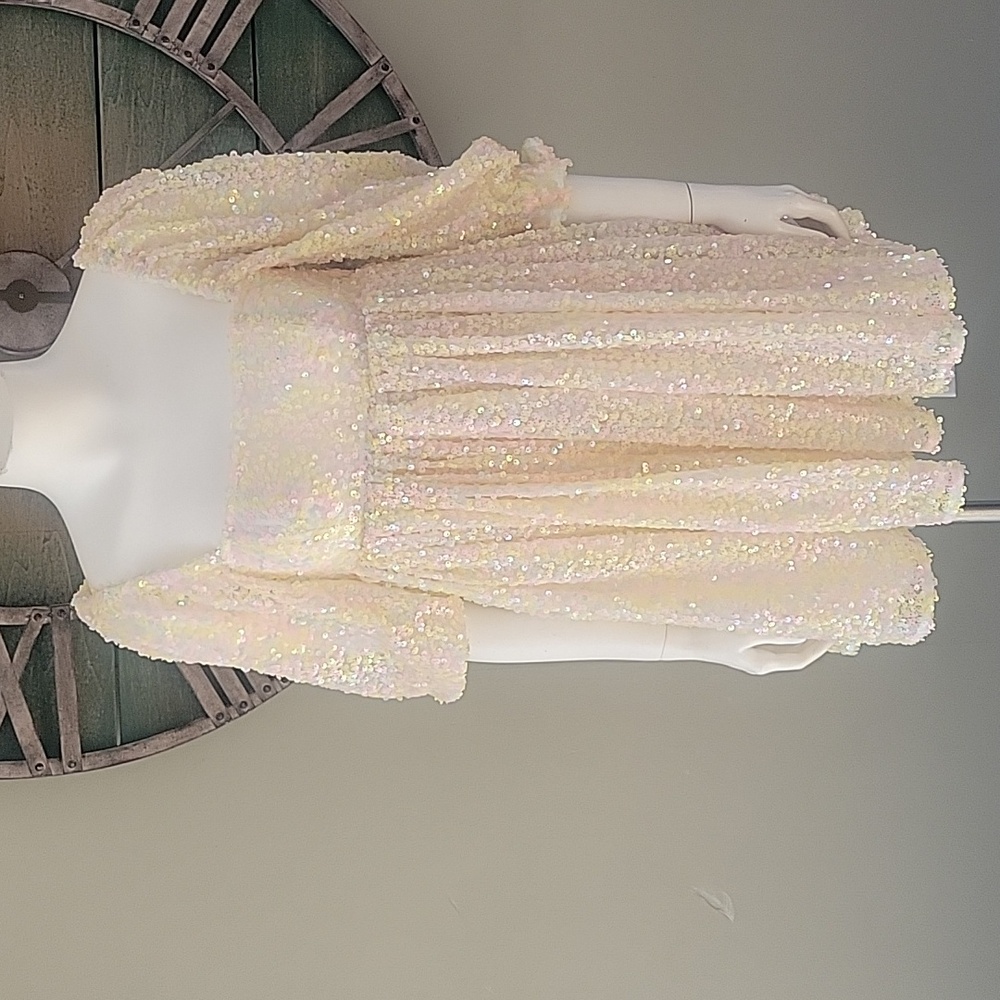 Selkie The Rainbow Sparkling Sequin Puff Sleeve Dress - Picture 2 of 16